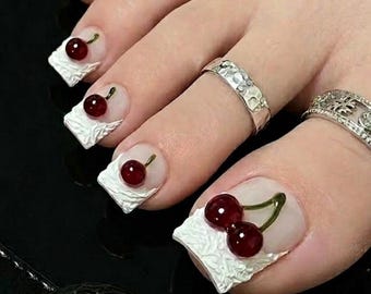 Uñas postizas francesas 3D con cerezas, uñas de frutas coquetas, pedicura femenina Y2K