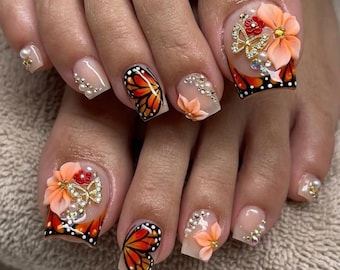 Uñas postizas 3D con mariposa monarca, pedicura de lujo con estampado floral naranja, uñas de verano con perlas y diamantes de imitación.
