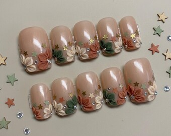 Earthy 3D Flower Sequin & Pearl Press On Toes | Sage Green Terracotta Boho Gold Star Pedicure