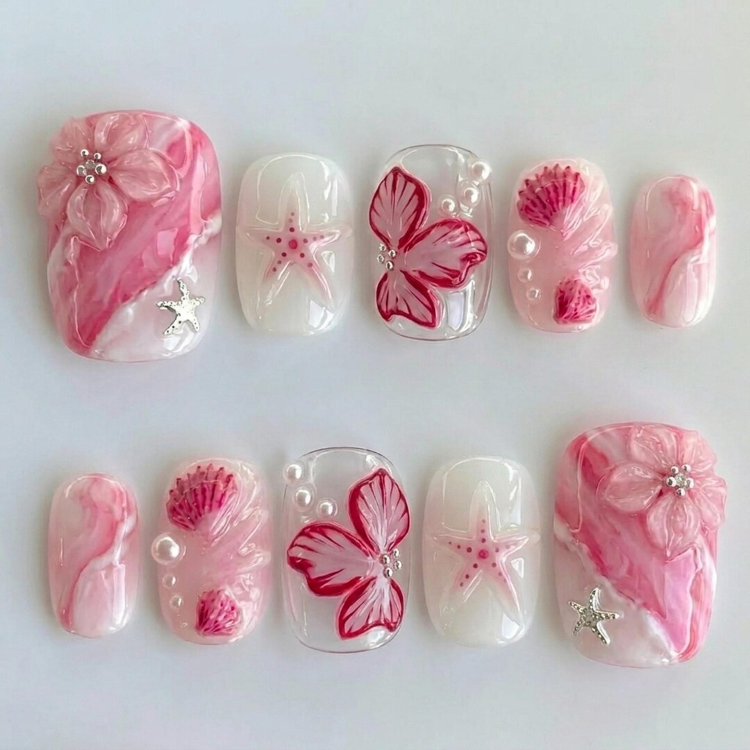 Shell Pedicure 3D Pink Marble Starfish Toe Nails | Mermaid Shell Floral Pedicure Set ...