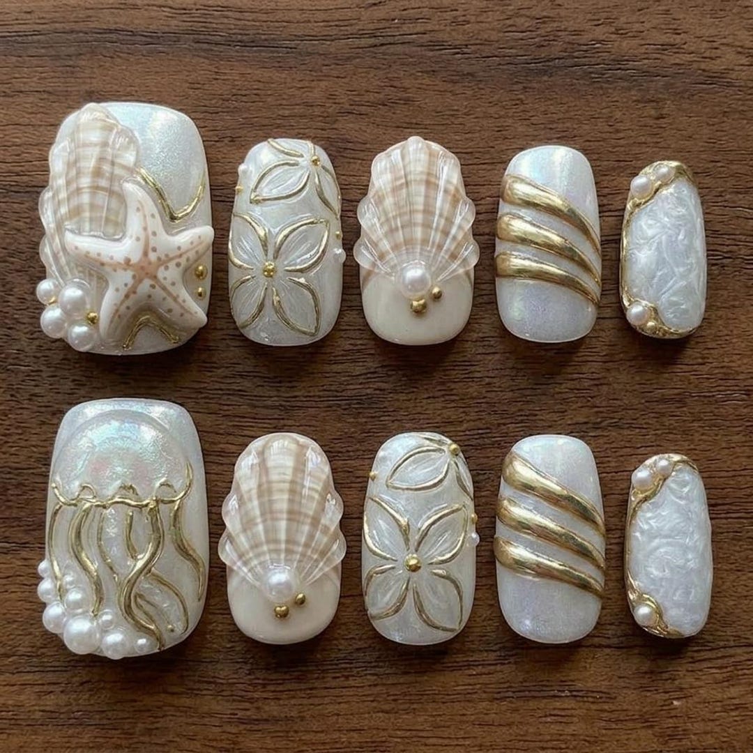 Shell Pedicure Luxury Press on Toe Nails, 3D Starfish Jellyfish Shell Pedicure ...