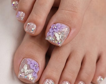 Lavender 3D Flower Butterfly Press On Toes, Glitter Rhinestone Fairycore Pedicure