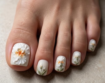 Puede incluir: Primer plano de un pie con pedicura. Las uñas de los pies están pintadas de blanco, con el dedo gordo luciendo una flor blanca en 3D con detalles naranjas. Otras uñas tienen flores blancas pintadas con tallos verdes.
