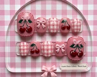 COQUETTE CHERRY | 3D Hand-Painted Press On Toes | Pink Gingham & Bows Pedicure Set