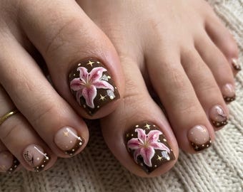 3D Pink Lily & Brown French Tip Press On Toes | Whimsical Star Butterfly Pedicure
