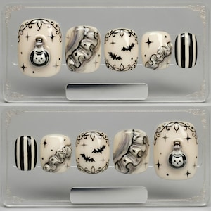3D Cat Potion Ruffle Victorian Goth Press On Toes | Black White Bat Nails