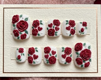 3D Red Rose Press On Toes | Matte White Floral Pedicure, Coquette Hearts