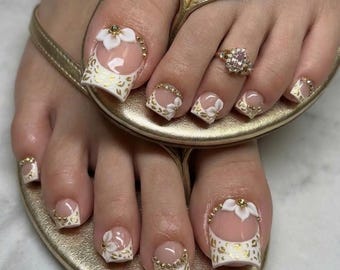 Luxury French Tip Press On Toes, 3D Flowers, Gold Leopard Print, Bridal Pedicure