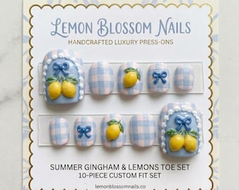 SUMMER GINGHAM & LEMONS | 3D Hand-Painted Press On Toes | Cottagecore Blue Gingham Pedicure Set