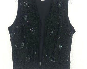 Chaleco vintage de terciopelo negro con cuentas de los años 90 para mujer, talla grande, estilo bohemio para la noche.