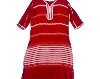 Vintage 80s Boho Fringe Tunic Caftan Red Woven Cover Up Size S