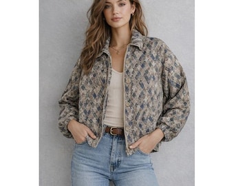 Vintage 90s Diamond Print Jacket Petite Cropped Silky Boho Retro Lightweight