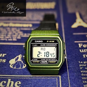 CASIO F-91WM-3AJH | Original LCD | Modifierad | Ersättning för LED-bakgrundsbelysning | Silikonarmband "svart" | Tillverkad av japanska hantverkare