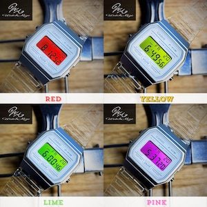 Specialanpassad Casio F-91WS-7JH | LCD-skärm med varm färgton | Modifierad | Ersättning för LED-bakgrundsbelysning | Metallarmband i silverfärg | Tillverkad av japanska hantverkare