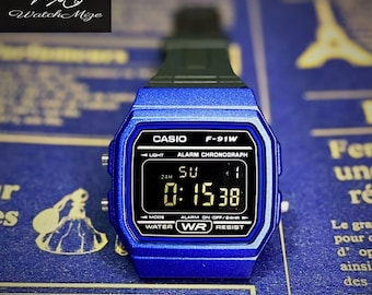 Reloj Casio F-91WM-2AJH personalizado | Pantalla LCD invertida | Modificado | Reemplazo de retroiluminación LED | Correa de silicona negra | Fabricado por artesanos japoneses