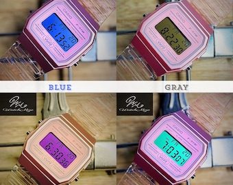 Reloj Casio F-91WS-4JH personalizado | Pantalla LCD a color de tonos fríos | Modificado | Reemplazo de retroiluminación LED | Correa metálica "plateada" | Fabricado por artesanos japoneses