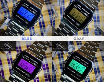 Reloj Casio A158WEA-1JF personalizado | Pantalla LCD de tonos fríos | Modificado | Reemplazo de retroiluminación LED | Correa metálica "plateada" | Fabricado por artesanos japoneses