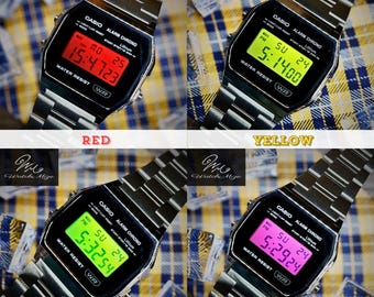 Reloj Casio A158WEA-1JF personalizado | Pantalla LCD con colores cálidos | Modificado | Reemplazo de retroiluminación LED | Correa metálica "plateada" | Fabricado por artesanos japoneses