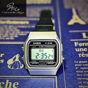 CASIO F-91WM-7AJH | Original LCD | Modifierad | Ersättning för LED-bakgrundsbelysning | Silikonarmband "svart" | Tillverkad av japanska hantverkare
