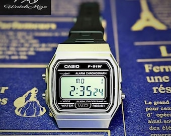 CASIO F-91WM-7AJH | Pantalla LCD original | Modificado | Reemplazo de retroiluminación LED | Correa de silicona "negra" | Fabricado por artesanos japoneses