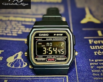Reloj Casio F-91WG-9QJH personalizado | Pantalla LCD invertida | Modificado | Reemplazo de retroiluminación LED | Correa de silicona negra | Fabricado por artesanos japoneses