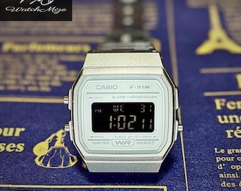 Reloj Casio F-91WS-8 personalizado | Pantalla LCD invertida | Modificado | Reemplazo de retroiluminación LED | Correa metálica "plateada" | Fabricado por artesanos japoneses