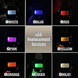 May include: Digital watches with LED displays in white, blue, red, pink, yellow, orange, green, and milky colours. The image also features the text "LED Replacement Services".