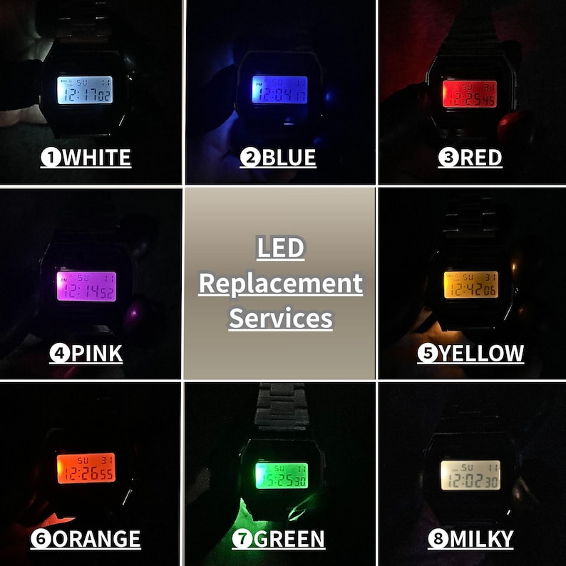 May include: Digital watches with LED displays in white, blue, red, pink, yellow, orange, green, and milky colours. The image also features the text "LED Replacement Services".