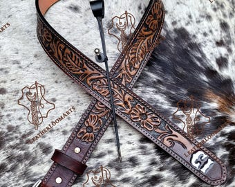 Brown Floral Tooled Leather Western Belt With Silver & Gold 