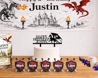 Kit personalizado para fiesta de cumpleaños de dragón medieval: pancarta, adorno para tarta, invitaciones y recuerdos de fiesta personalizados.