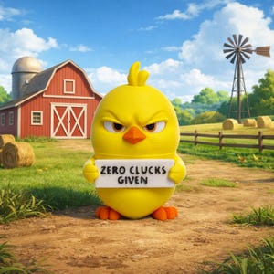 May include: A cartoon yellow chick with an angry expression holding a sign that reads "ZERO CLUCKS GIVEN." The chick has orange feet and a small orange beak. The background features a red barn, a windmill, and a blue sky.