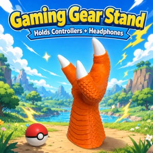 Peut inclure: Un support de jeu orange en forme de griffe avec des griffes blanches, conçu pour contenir des manettes et des écouteurs. Le texte "Gaming Gear Stand" et "Holds Controllers + Headphones" sont affichés. Une balle rouge et blanche est au premier plan.