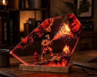 Firefighter Resin Lamp, Fireman LED Night Light, Firefighter Desk Decor, First Responder Gift, Father’s Day Gift For Dad
