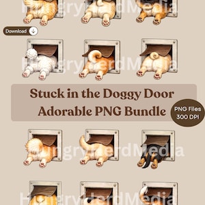 May include: An illustration of several dogs stuck in doggy doors, with their rear ends visible. The dogs have various fur colors, including tan, white, and black. The text "Stuck in the Doggy Door Adorable PNG Bundle" is displayed.