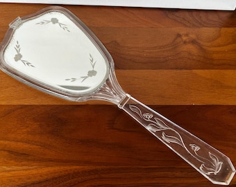Vintage Handheld Vanity Mirror Plastic Lucite 2 Sided Decorative Etching