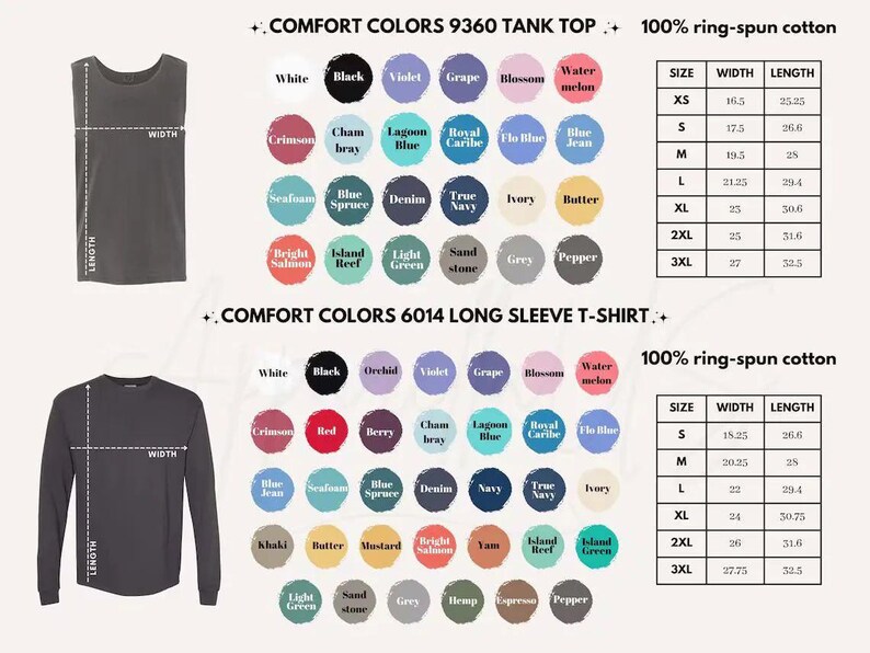 Pu&ograve; includere: Immagine di una canotta e di una maglietta a maniche lunghe Comfort Colors, con una tabella colori e una guida alle taglie. La canotta &egrave; grigio scuro e la maglietta a maniche lunghe &egrave; anch'essa grigio scuro. La tabella taglie mostra le misure in cm.