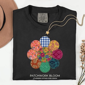 Camiseta Patchwork Bloom Flower, Camiseta con diseño floral, Top gráfico botánico bohemio