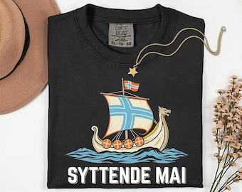 Maglietta Sytende Mai, maglietta con nave vichinga per la festa della Costituzione norvegese