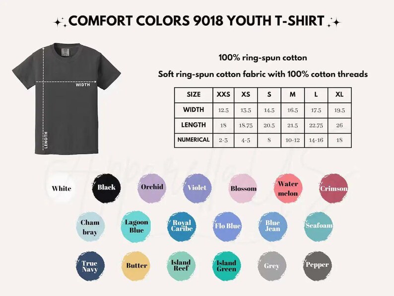 Pu&ograve; includere: Una maglietta Comfort Colors 9018 da ragazzo grigio scuro. L'immagine include una tabella delle taglie con misure in pollici e una tavolozza di colori con bianco, nero, orchidea, viola, fioritura, anguria, cremisi, chambray, blu laguna, royal caribe, flo blue, blue jean, spuma di mare, blu navy, burro, scogliera dell'isola, verde isola, grigio e pepe.