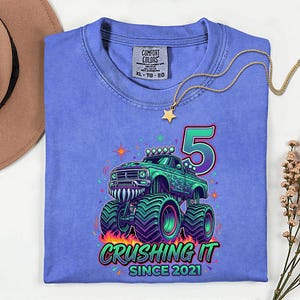 Maglietta Monster Truck per il 5° compleanno, "Schiacciata dal 2021", maglietta Monster Jam per bambini immagine 10