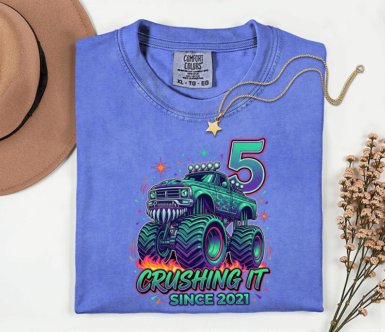 Maglietta Monster Truck per il 5° compleanno, "Schiacciata dal 2021", maglietta Monster Jam per bambini immagine 10