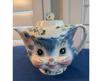 Vintage 1950 der Linke Miss Priss Blue Kitty Cat Kitsch Teekanne Made In Japan