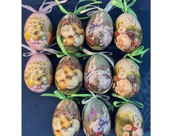 Vtg Decoupage Style Easter Egg Ornaments Basket Filler Bunnies & Chicks (11)