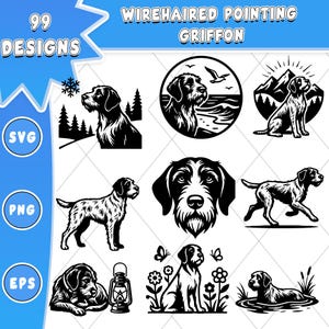 May include: A collection of black and white graphic illustrations featuring the Wirehaired Pointing Griffon dog breed in various poses, including sitting, standing, and swimming, with text labels reading 99 DESIGNS, SVG, PNG, and EPS.
