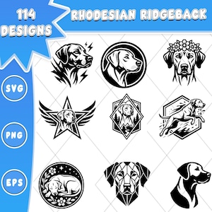 Könnte beinhalten: Eine digitale Sammlung von 114 Rhodesian Ridgeback Hundedesigns in Schwarz-Weiß. Das Bild zeigt neun verschiedene grafische Illustrationen, darunter Porträts, einen Hund mit Blumenkranz, einen Hund in einem Stern und geometrische Hundekopfformen.