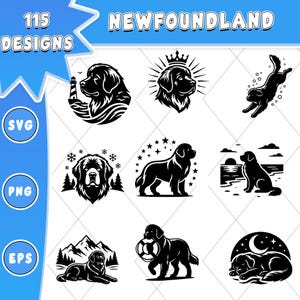 May include: A digital collection of 115 Newfoundland dog designs in black and white. The graphics include various scenes such as a dog with a lighthouse, a crowned dog, a swimming dog, a dog with snowflakes, and a dog holding a life preserver.