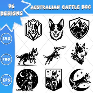 Pode incluir: Uma coleção de 96 designs gráficos em preto e branco de Australian Cattle Dog nos formatos SVG, PNG e EPS. As ilustrações apresentam várias poses, incluindo cães em escudos, saltando para um disco, usando bandana e sentados sob a lua.