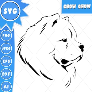 May include: A black and white line drawing of a Chow Chow dog's head in profile. The word "CHOW CHOW" is in a blue box at the top right. The left side has blue circles with the words "SVG", "PNG", "JPEG", "EPS", "DXF", and "AI".