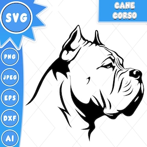 May include: Black and white vector illustration of a Cane Corso dog's head, in profile. The image includes the text "Cane Corso" in a blue rectangle and file type options: SVG, PNG, JPEG, EPS, DXF, and AI.