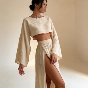 Cotton Linen 2 Piece Skirt Set Women, Long Sleeve Crop Top & Maxi Skirt Set, Summer Vacation Outfit, Resort Wear Co Ord Set